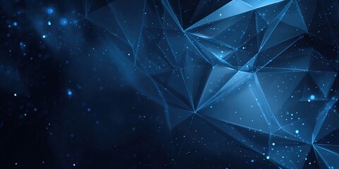 Dark navy blue abstract presentation background with geometric 3D triangles and light leaks. High quality