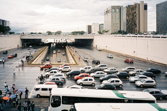 Busy Urban Intersection with heavy Traffic and Pedestrians