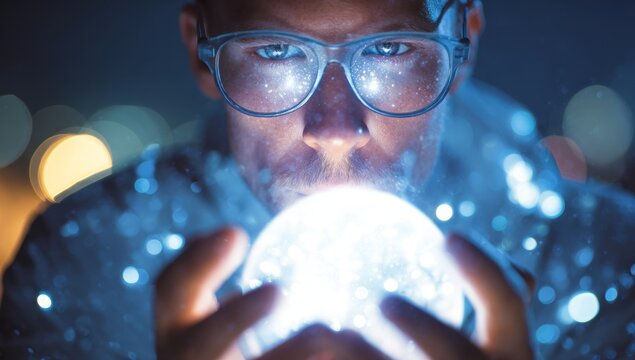 Close-up of a man holding a glowing orb