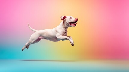 Happy White Dog Leaping Against Colorful Gradient Background