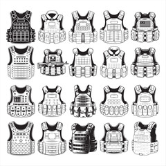 Collection of Various Bulletproof Vests in Lineal Hand-Drawn Style