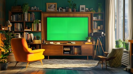 Living room interior design with green screen tv bookshelf and chairs for home decor ideas inspiration