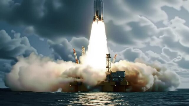 Stunning footage of a powerful rocket liftoff under overcast skies. Dense smoke and vibrant flame highlight the raw energy of propulsion systems and technological triumph