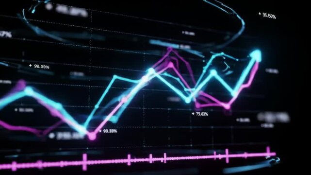 A close up of a neon stock market graph with percentage points on a black background and grid lines