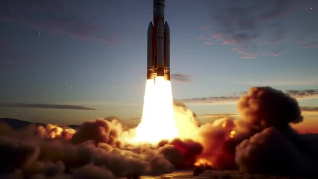 A cinematic 4K shot of a rocket launching during golden hour, cutting through clouds with a blazing flame and dramatic smoke trail.