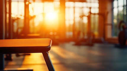 Sunlit Gym Interior with Empty Workout Bench and Warm Atmosphere