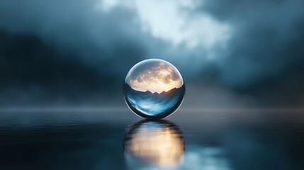Crystal Ball Reflecting Scenic Landscape and Dramatic Sky at Dawn