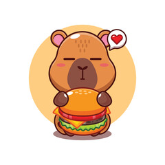 Cute capybara with burger cartoon vector illustration