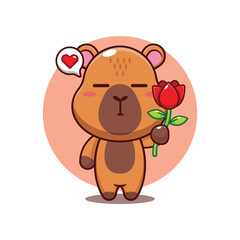 Cute capybara holding rose flower cartoon vector illustration
