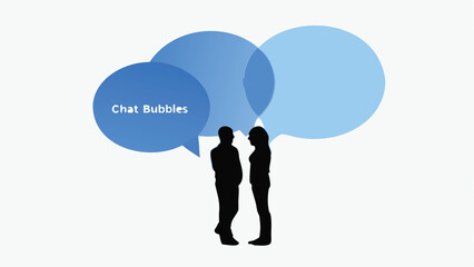 Silhouette of two people standing with three overlapping blue chat bubbles above them in conversation