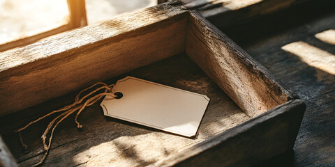 Blank Tag Inside Rustic Wooden Box on Sunlit Wooden Table

