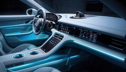 Sleek modern car interior showcasing advanced technology and ambient lighting in a futuristic setting (1)