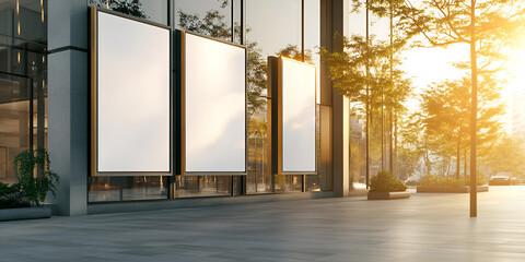 Blank Billboards Outside Modern Glass Building at Sunrise