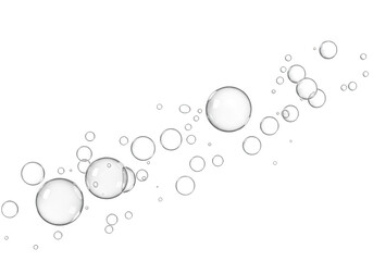 Transparent bubbles isolated on transparent background float diagonally, creating a clean and fresh abstract design