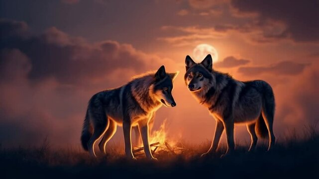 Three wolves standing near a campfire under a full moon in a cloudy orange sky at twilight animal video