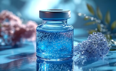 Shimmering Blue Elixir in Glass Jar with Pastel Florals

