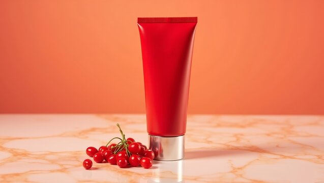 Minimalist red cosmetic tube with silver cap placed on a marble surface, accompanied by vibrant red berries, set against a warm peach background. Perfect for beauty, skincare, or product branding