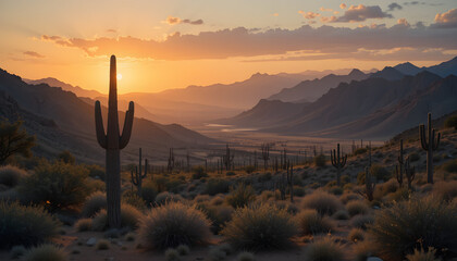 Desert landscape view with saguaro cactus at sunset and distant mountains in background