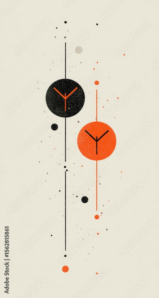 Poster Minimalist abstract art featuring two stylized clocks, one black and one orange, connected by thin lines against a beige background with scattered dots