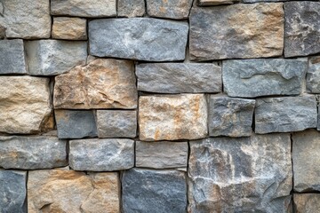 Close-up view of a stone wall, constructed from various shades of gray and tan rectangular blocks