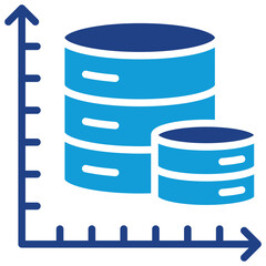 Obraz premium Data Growth Glyph Silhouette Blue Icon Vector Design - Increasing database stacks over graph axis, visualizing data growth or scalability