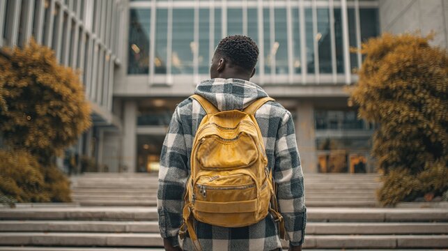 African male student with a backpack at a university campus. Back view of man. Concept of academic aspirations, higher education, student diversity, new beginnings, and cultural integration