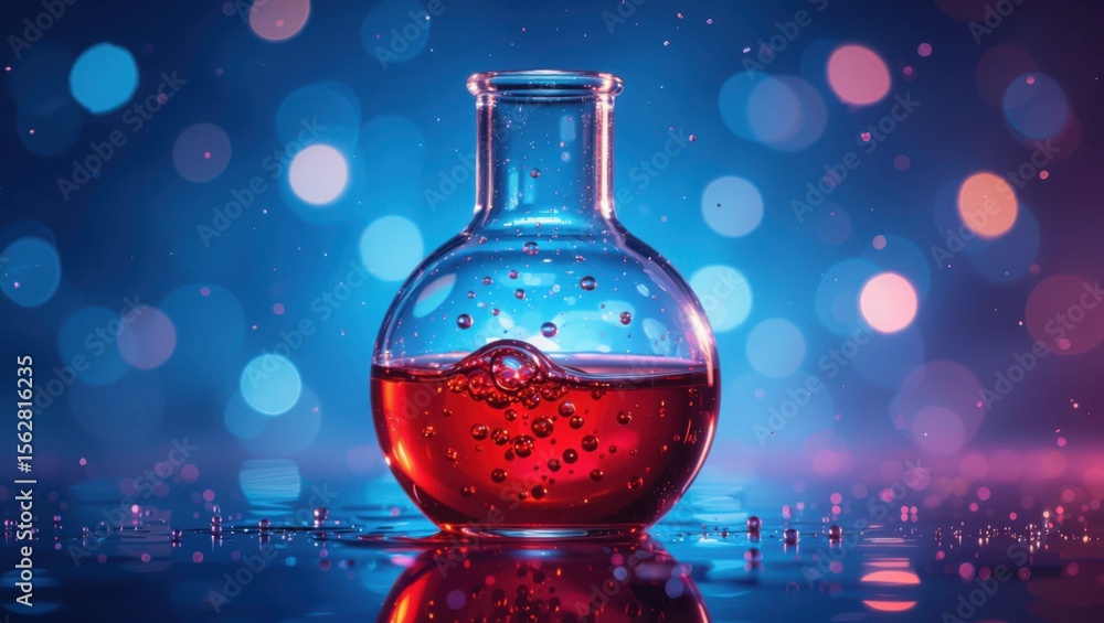 Aufkleber a round bottom flask containing a vibrant red liquid with numerous bubbles set against a bokeh backg