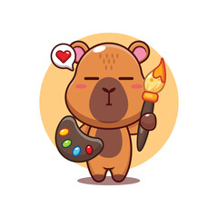 Cute capybara painter cartoon vector illustration