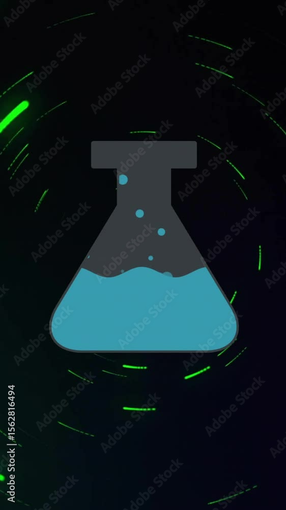 Aufkleber animation of beaker with blue liquid and data processing on dark background