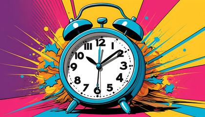 Retro Teal Alarm Clock Bursting with Vibrant Abstract Color.