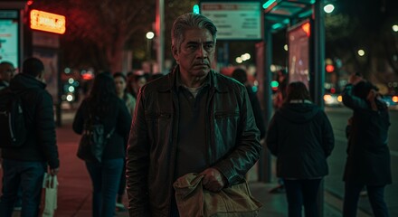A pensive man in a leather jacket waits at a nighttime bus stop, lost in thought under the glow of city lights.