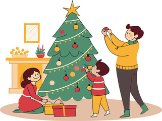 Christmas Tree Being Decorated By A Family