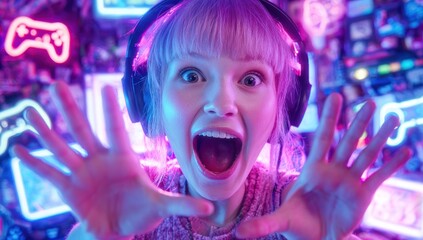 Excited gamer girl in neon light
