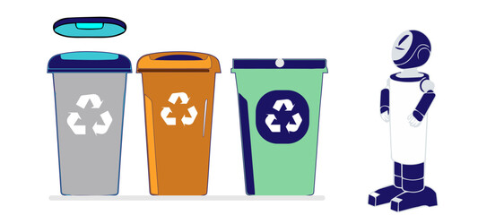 Clean Line Icons – Automated Waste Collection, AI Sorting Robots & Smart Bin Monitoring  vector illustration of garbage bin