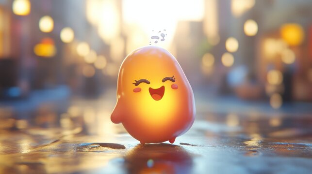 A cute, glowing, orange blob character smiles in a blurred urban city street scene
