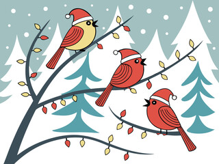 Festive Birds Wearing Santa Hats