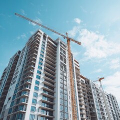 Modern high-rise residential building under construction, crane against a bright blue sky