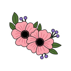 Beautiful Floral Illustration with Pink Flowers and Green Leaves on White Background