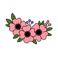 Pink Flower Bouquet Illustration with Green Leaves and Berries