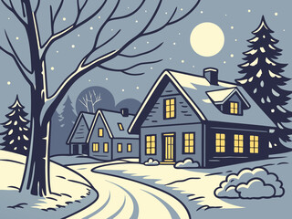 Fototapeta premium Snow Covered Village At Night