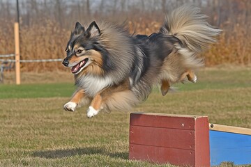 Dog jumping over obstacle agility course action shot outdoor setting side view canine sports fun
