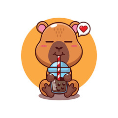 Cute capybara drink bubble milk tea cartoon vector illustration