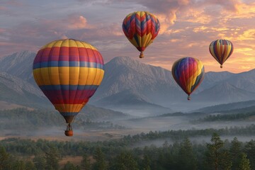 Fototapeta premium A view of hot air balloons floating over a landscape with mountains and trees below