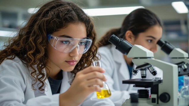 Young female scientists in lab coats and safety goggles carefully examining a yellow liquid in a flask and using microscopes - Powered by Adobe