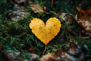 Heart-shaped autumn leaf nestled in moss-covered forest floor