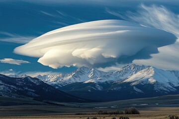 Large,  lenticular cloud over snow-capped mountains
