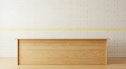 Minimal cozy counter mockup design for product presentation background. Branding in Japan style with bright wood counter and white tile yellow