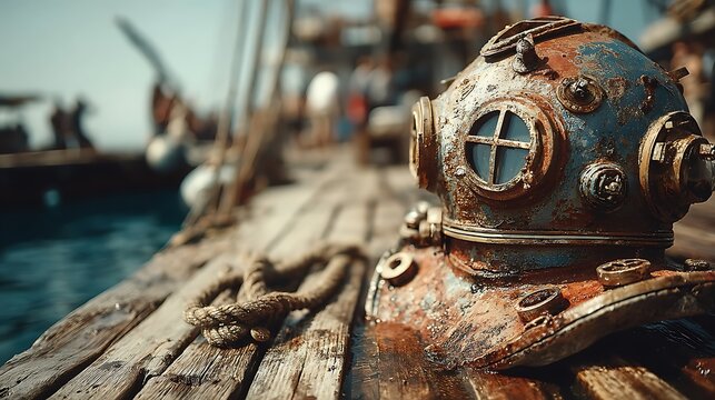 Antique rusty diving helmet resting on a wooden dock with rope and water
