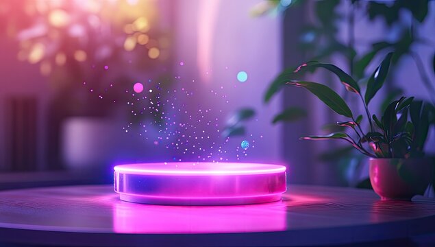 Neon disc hovering over wooden table, glowing with vibrant colors