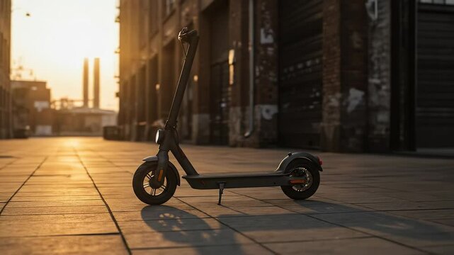 Electric scooter on urban street at sunrise in industrial area